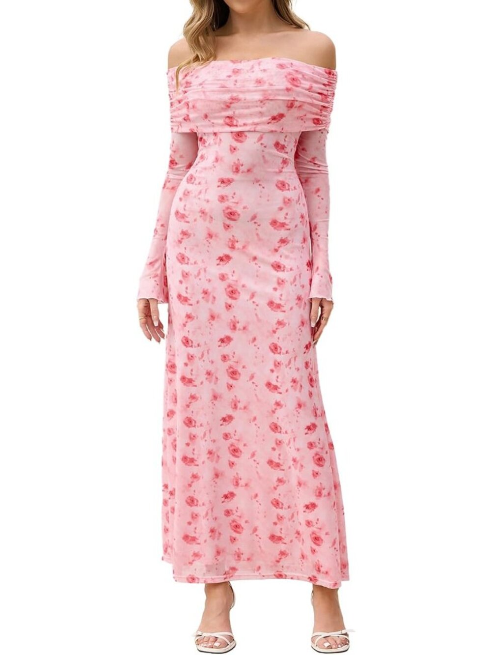 Women's Pink Floral Off Shoulder Long Sleeve Formal Wedding Guest Maxi Dresses